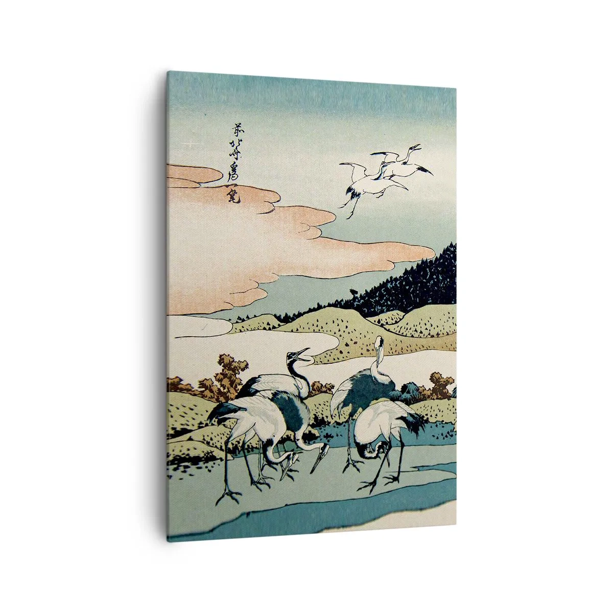 Bild auf Leinwand - Leinwandbild - Traditionelle japanische Grafik mit Bergen und Kranichen - 70x100cm - Im japanischen Geist - Moderne Wanddekoration für Wohnzimmer und Schlafzimmer ARTTOR