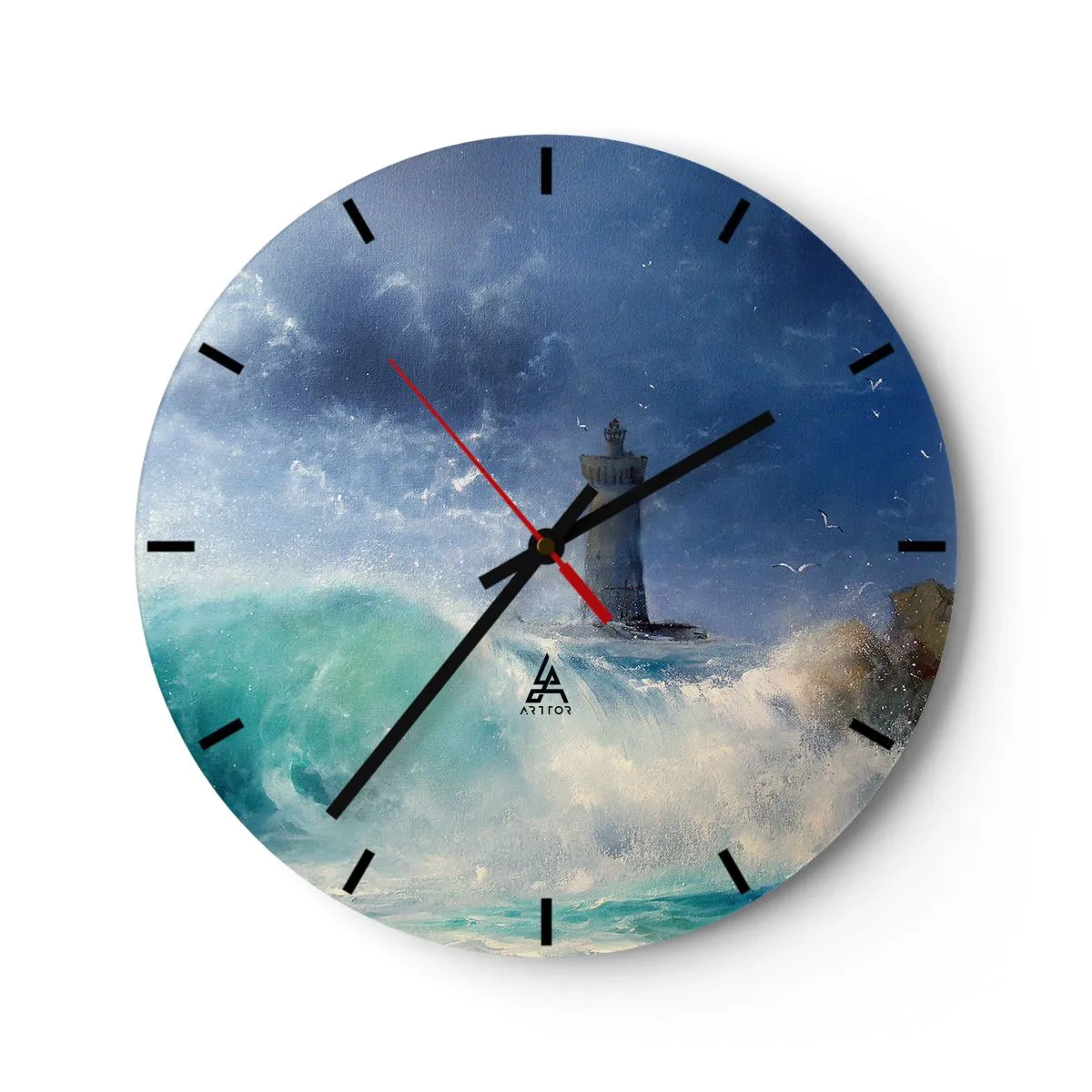 Wanduhr - Glasuhr - Ein Leuchtturm, umgeben von rauer See und stürmischem Himmel - 30x30cm - Auf der Hut vor den Elementen - Moderne Wanddekoration für Wohnzimmer, Küche und Schlafzimmer ARTTOR
