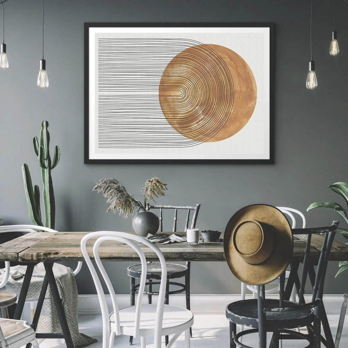 Poster in einem schwarzem Rahmen - Geometrische Komposition mit Kreisen und Linien in warmen Farben. - 70x50cm - SonnenKomposition - Moderne Wanddekoration für Wohnzimmer und Schlafzimmer ARTTOR
