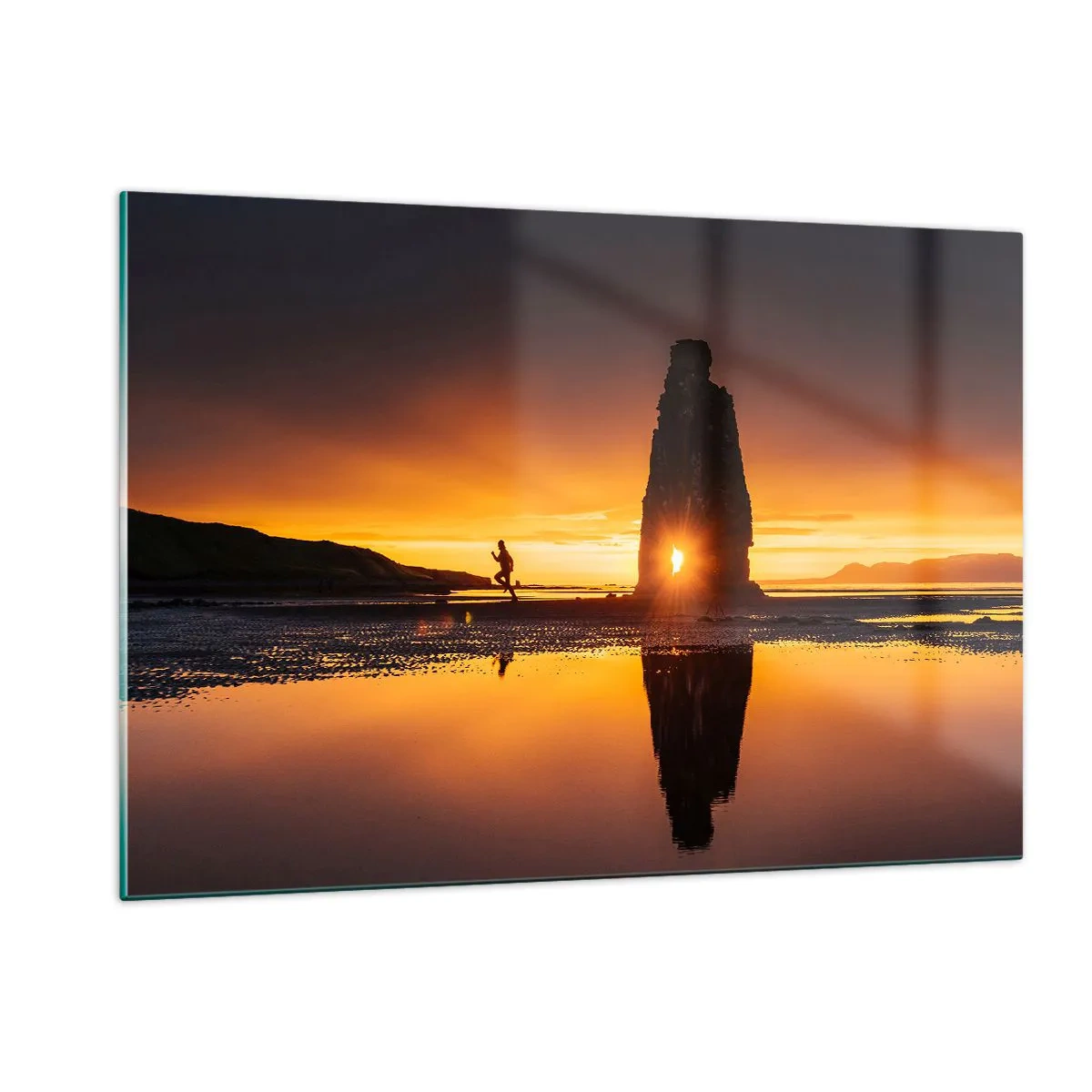 Glasbild - Bild auf glas - Sonnenuntergang mit einer menschlichen Silhouette und einer Felsformation - 120x80cm - Nur du und die Natur - Moderne Wanddekoration für Wohnzimmer und Schlafzimmer ARTTOR