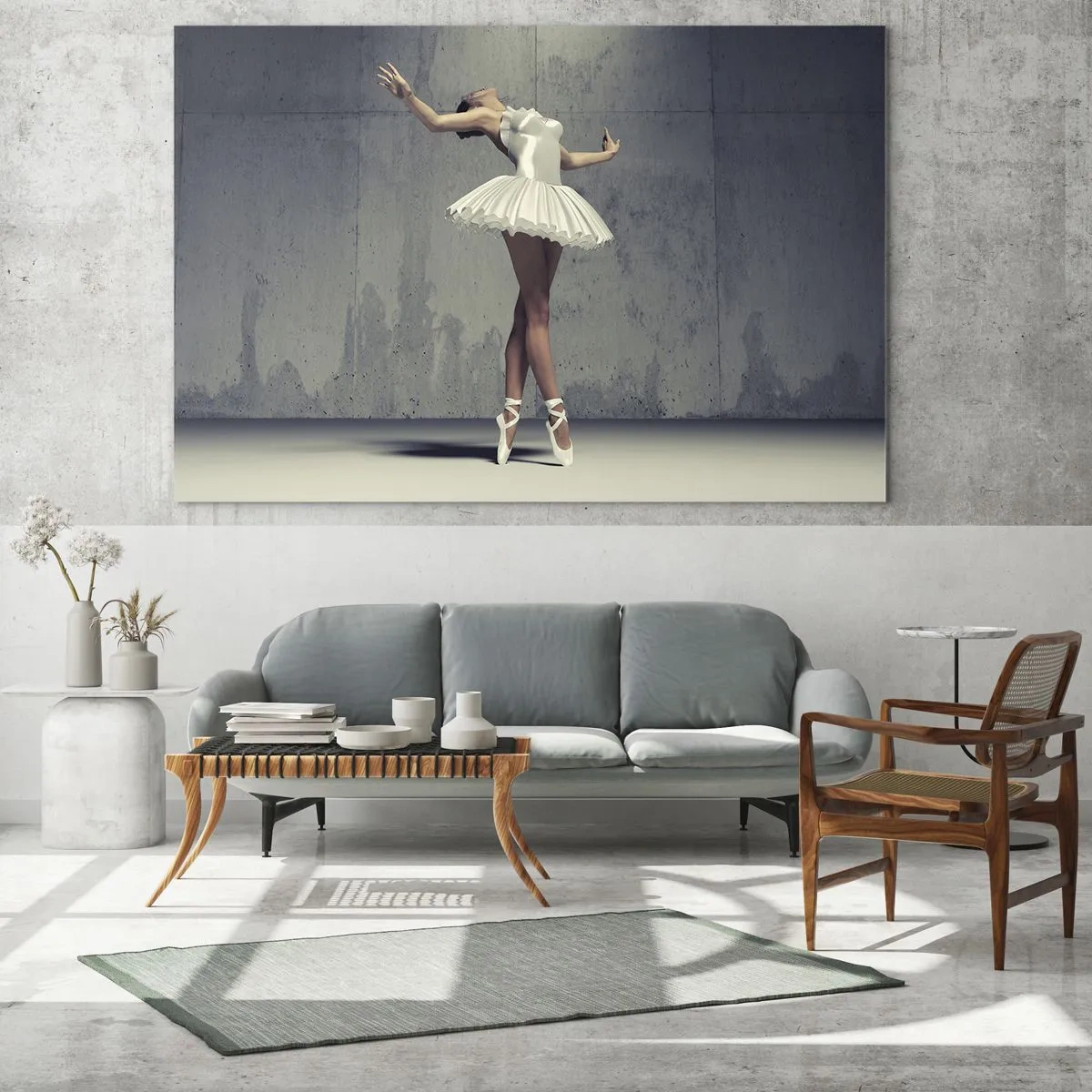Glasbild - Bild auf glas - Eine Ballerina in einem weißen Kleid vor einer rohen Wand - 70x50cm - Leicht wie ein Vogel - Moderne Wanddekoration für Wohnzimmer und Schlafzimmer ARTTOR