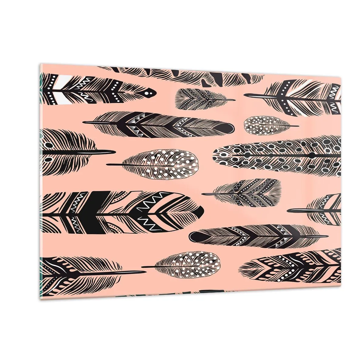 Glasbild - Bild auf glas - Dekorative Federn mit schwarz-weißem Muster auf rosa Hintergrund - 120x80cm - Indische Sammlung - Moderne Wanddekoration für Wohnzimmer und Schlafzimmer ARTTOR