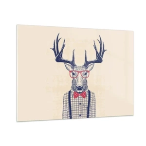 Glasbild - Bild auf glas - Abbildung eines Hirsches mit Brille und Fliege - 100x70cm - Eine lustige Extravaganz - Moderne Wanddekoration für Wohnzimmer und Schlafzimmer ARTTOR