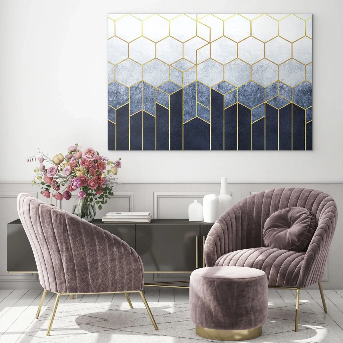 Glasbild - Bild auf glas - Geometrisches Muster in Gold- und Marineblautönen - 120x80cm - Komposition im synkopischen Rhythmus - Moderne Wanddekoration für Wohnzimmer und Schlafzimmer ARTTOR