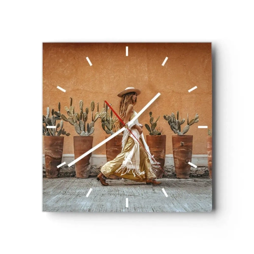 Wanduhr - Glasuhr - Eine Frau im Boho-Stil mit Töpfen voller Kakteen im Hintergrund. - 30x30cm - Hippie-Stil - Moderne Wanddekoration für Wohnzimmer und Schlafzimmer ARTTOR