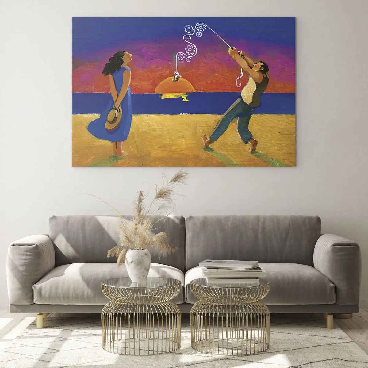 Glasbild - Bild auf glas - Bunte Zusammenfassung eines Paares am Strand bei Sonnenuntergang - 70x50cm - Mehr als ein Sternchen vom Himmel - Moderne Wanddekoration für Wohnzimmer und Schlafzimmer ARTTOR