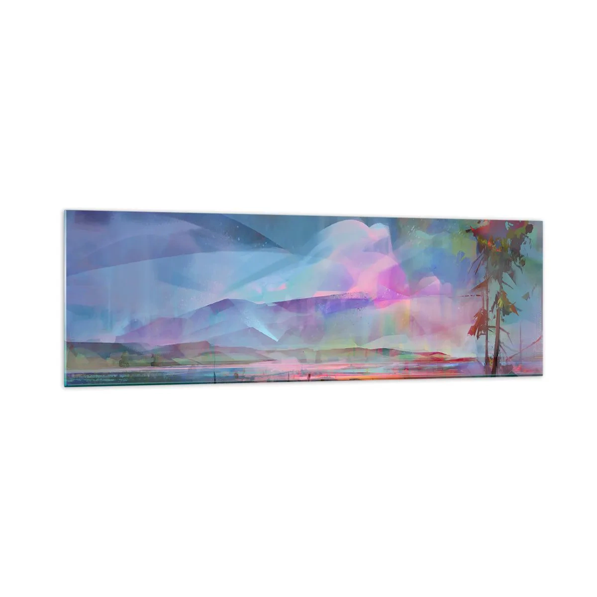 Glasbild - Bild auf glas - Berglandschaft mit buntem Himmel und einem Dorf - 160x50cm - Unter einem wohlwollenden Himmel - Moderne Wanddekoration für Wohnzimmer und Schlafzimmer ARTTOR