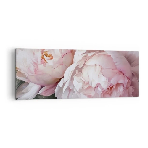 Bild auf Leinwand - Leinwandbild - Zarte rosa Pfingstrosen in voller Blüte - 140x50cm - In der Blüte angehalten - Moderne Wanddekoration für Wohnzimmer und Schlafzimmer ARTTOR