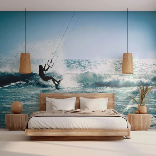 Fototapete Premium Canvas - Kitesurfer reitet eine Welle in der vollen Sonne - 100x70cm - Hinreißen lassen - Moderne Wanddekoration für Wohnzimmer und Schlafzimmer ARTTOR