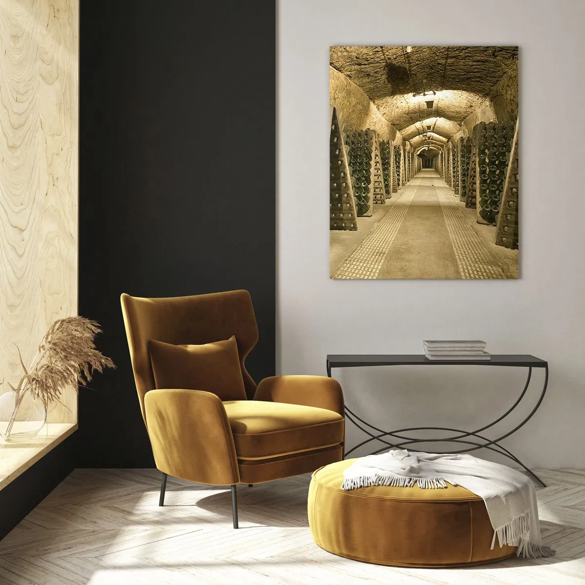 Glasbild - Bild auf glas - Ein Keller mit Weinflaschen, die in Reihen reifen - 50x70cm - Die Geburt des Geschmacks - Moderne Wanddekoration für Wohnzimmer und Schlafzimmer ARTTOR