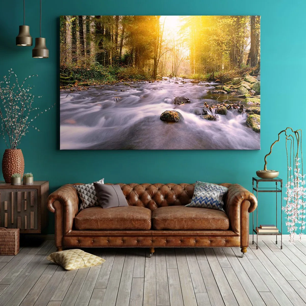 Bild auf Leinwand - Leinwandbild - Ein Waldbach, beleuchtet von den Sonnenstrahlen - 120x80cm - Malachit im Silber- und Goldrahmen - Moderne Wanddekoration für Wohnzimmer und Schlafzimmer ARTTOR