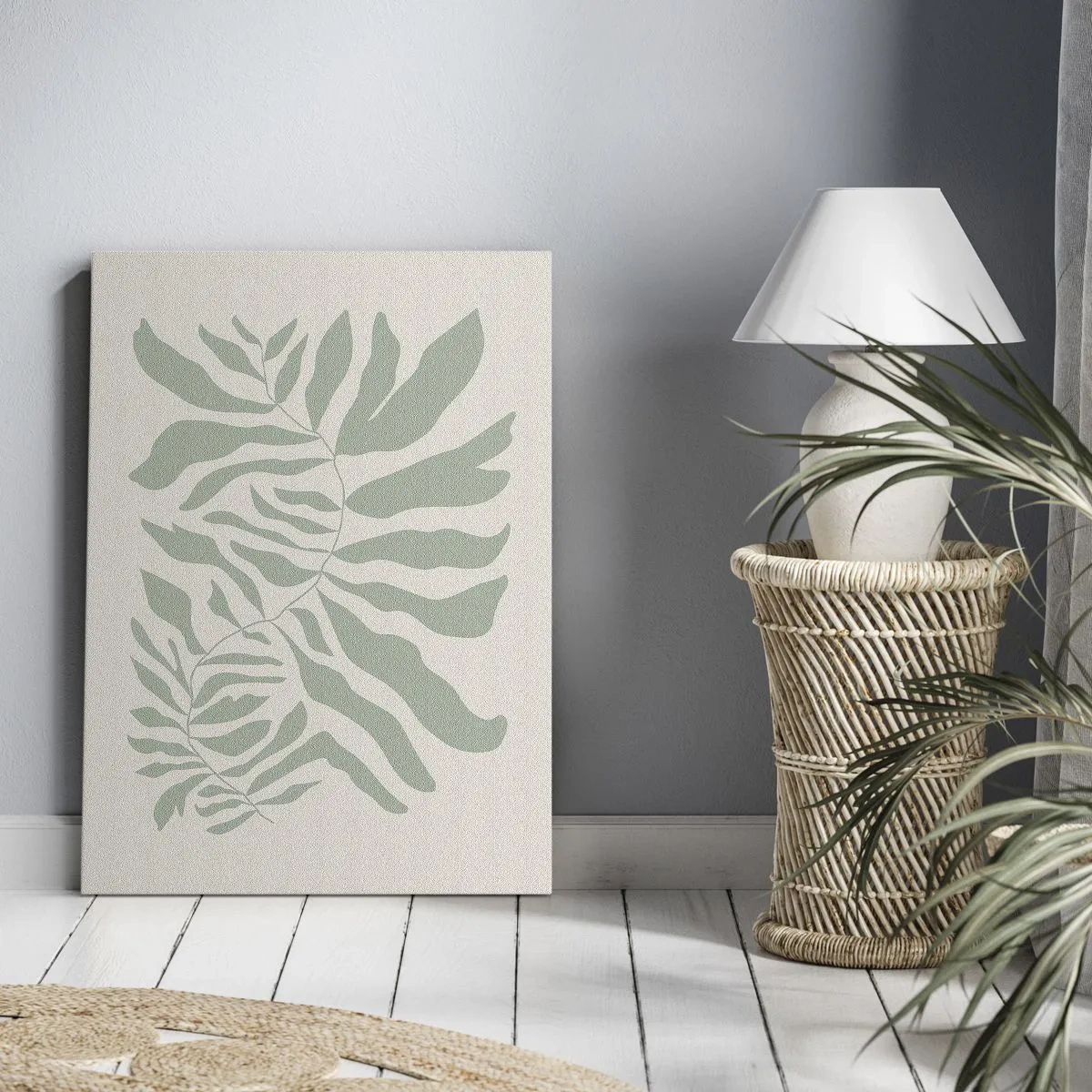 Bild auf Leinwand - Leinwandbild - Ein zartes Zweigmuster mit Blättern in einem Smaragdgrünton - 70x100cm - Smaragdzweig - Moderne Wanddekoration für Wohnzimmer und Schlafzimmer ARTTOR