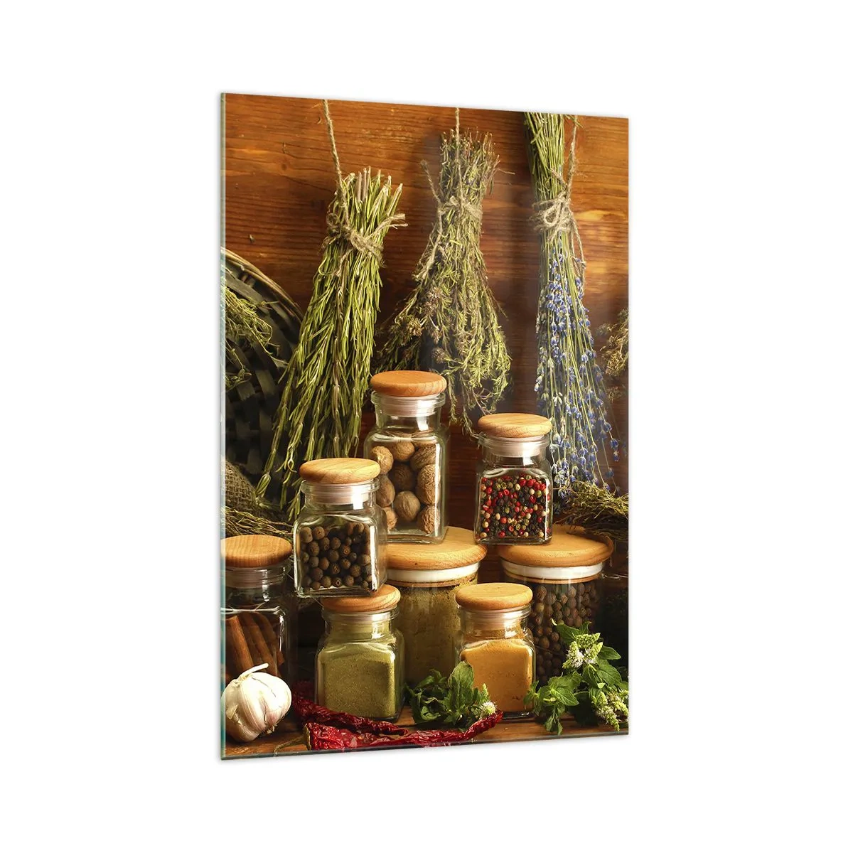 Glasbild - Bild auf glas - Kräuter und Gewürze in Gläsern auf rustikalem Hintergrund - 70x100cm - Küchenzauber - Moderne Wanddekoration für Wohnzimmer und Schlafzimmer ARTTOR