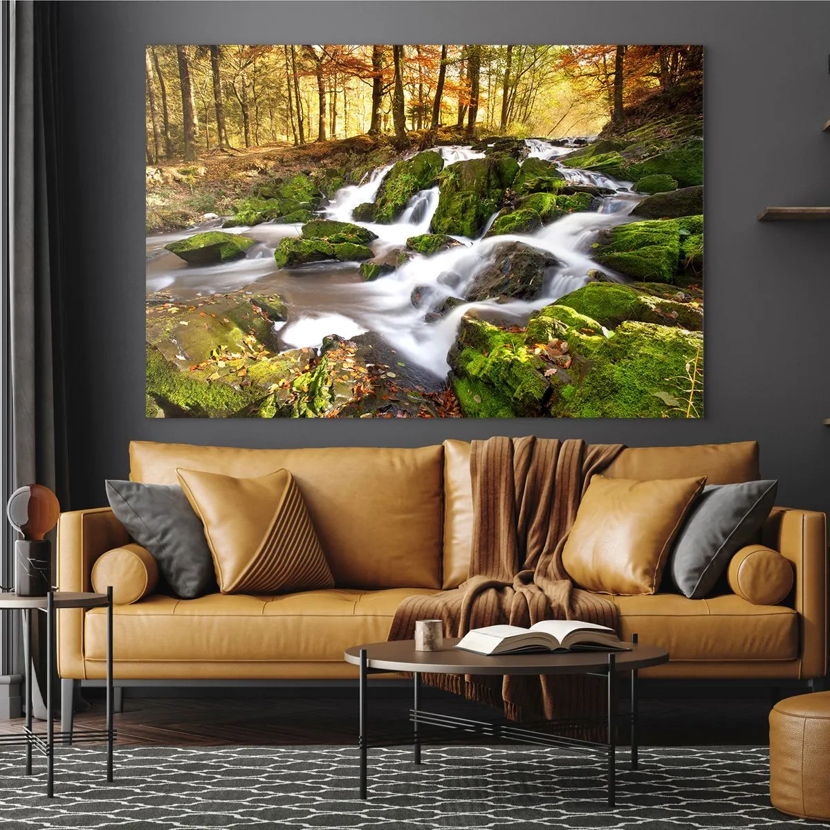 Glasbild - Bild auf glas - Ein Waldbach mit Wasserfällen in einer herbstlichen Landschaft - 120x80cm - Rasch durch den herbstlichen Wald - Moderne Wanddekoration für Wohnzimmer und Schlafzimmer ARTTOR