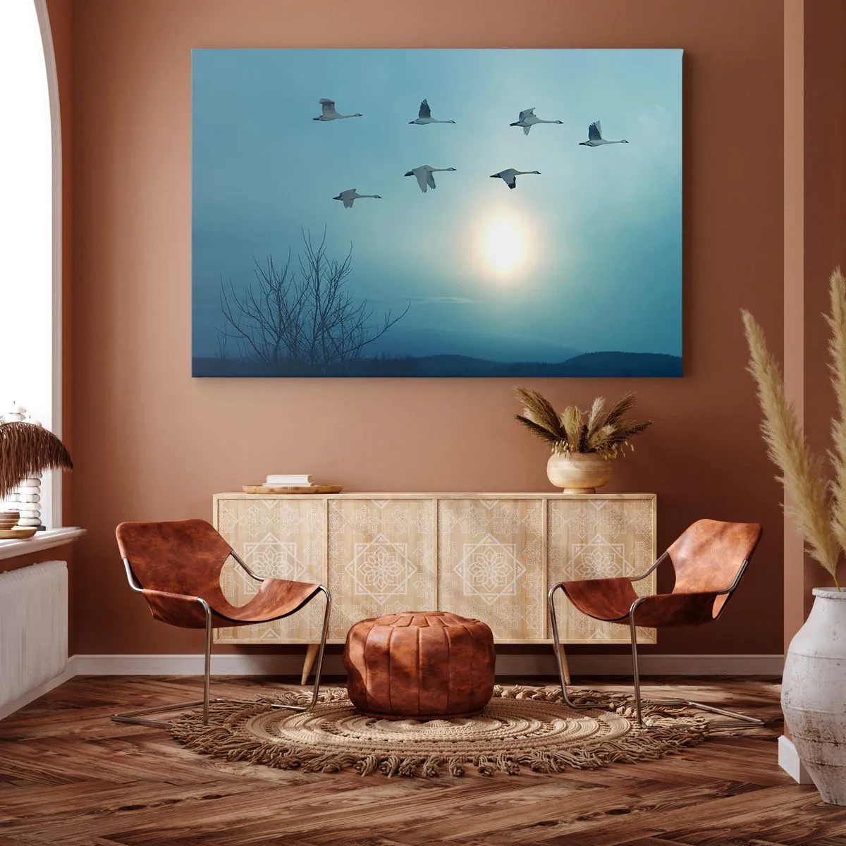Bild auf Leinwand - Leinwandbild - Fliegende Schwäne am Morgen - 120x80cm - Auf Wiedersehen Sommer für ein Jahr - Moderne Wanddekoration für Wohnzimmer und Schlafzimmer ARTTOR