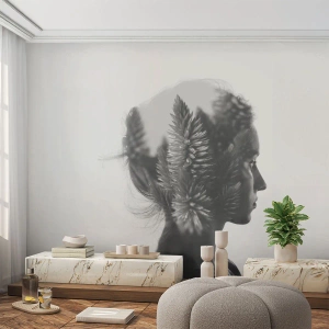 Fototapete Premium Sand - Doppelbelichtung einer Frau und Pflanzen in Schwarzweiß - 100x70cm - Dame des Kiefernwaldes - Moderne Wanddekoration für Wohnzimmer und Schlafzimmer ARTTOR