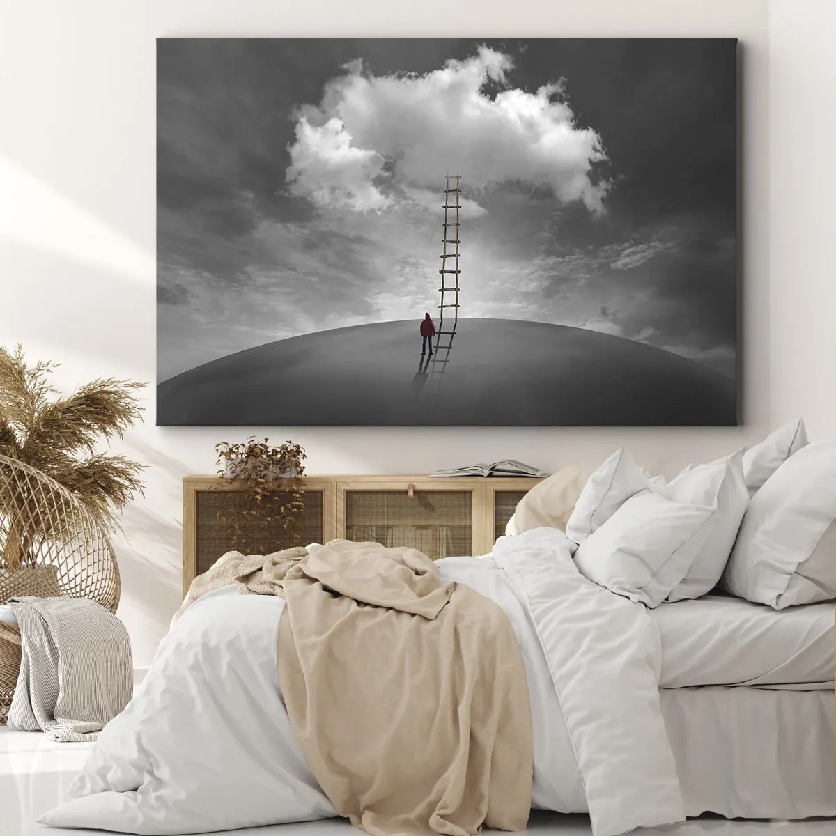 Bild auf Leinwand - Leinwandbild - Eine Person in einem roten Mantel und eine Leiter, die zu einer Wolke führt - 70x50cm - Alles ist möglich - Moderne Wanddekoration für Wohnzimmer und Schlafzimmer ARTTOR