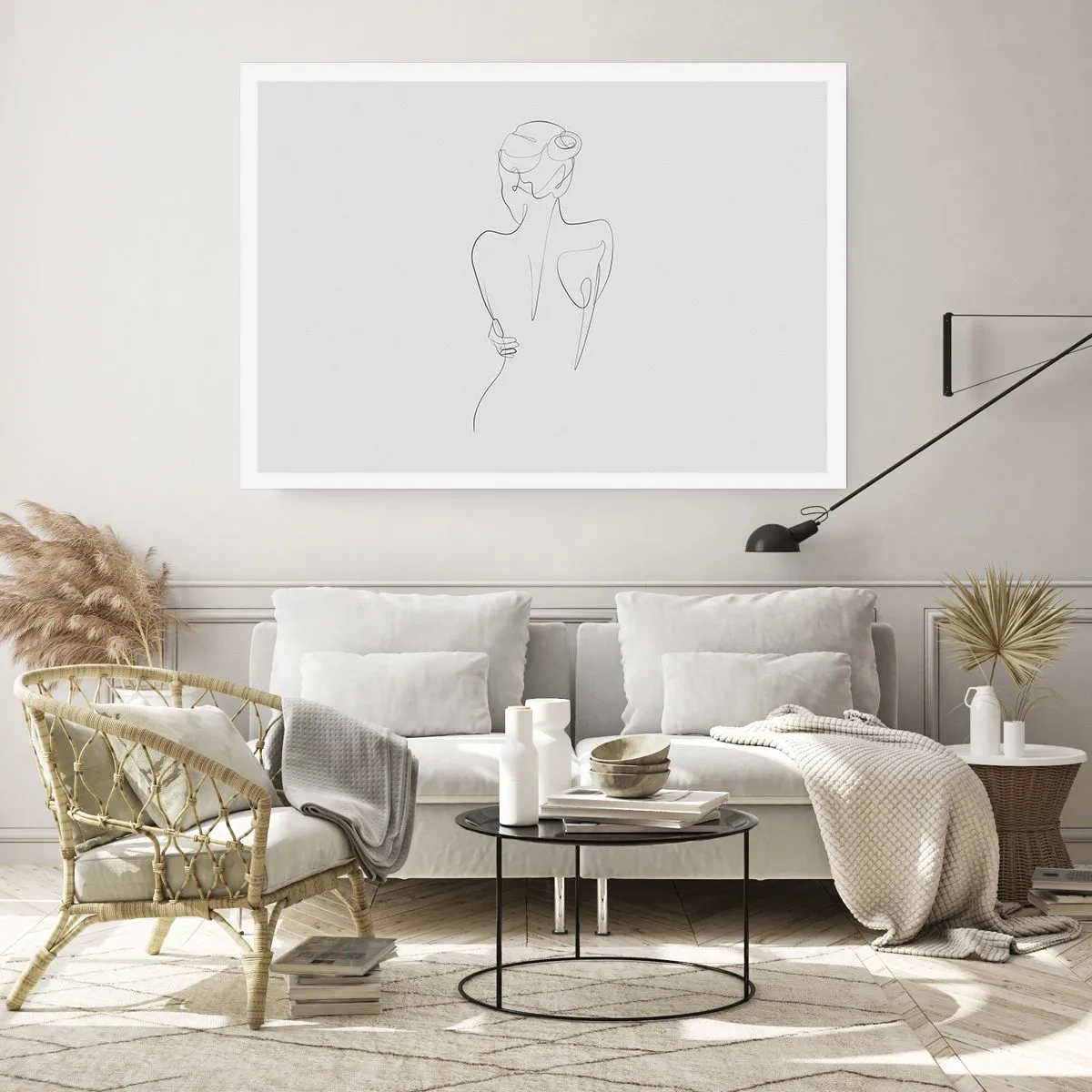 Poster - Eine Konturlinie, die eine weibliche Silhouette vor einem hellen Hintergrund zeigt - 100x70cm - Körpermusik - Moderne Wanddekoration für Wohnzimmer und Schlafzimmer ARTTOR