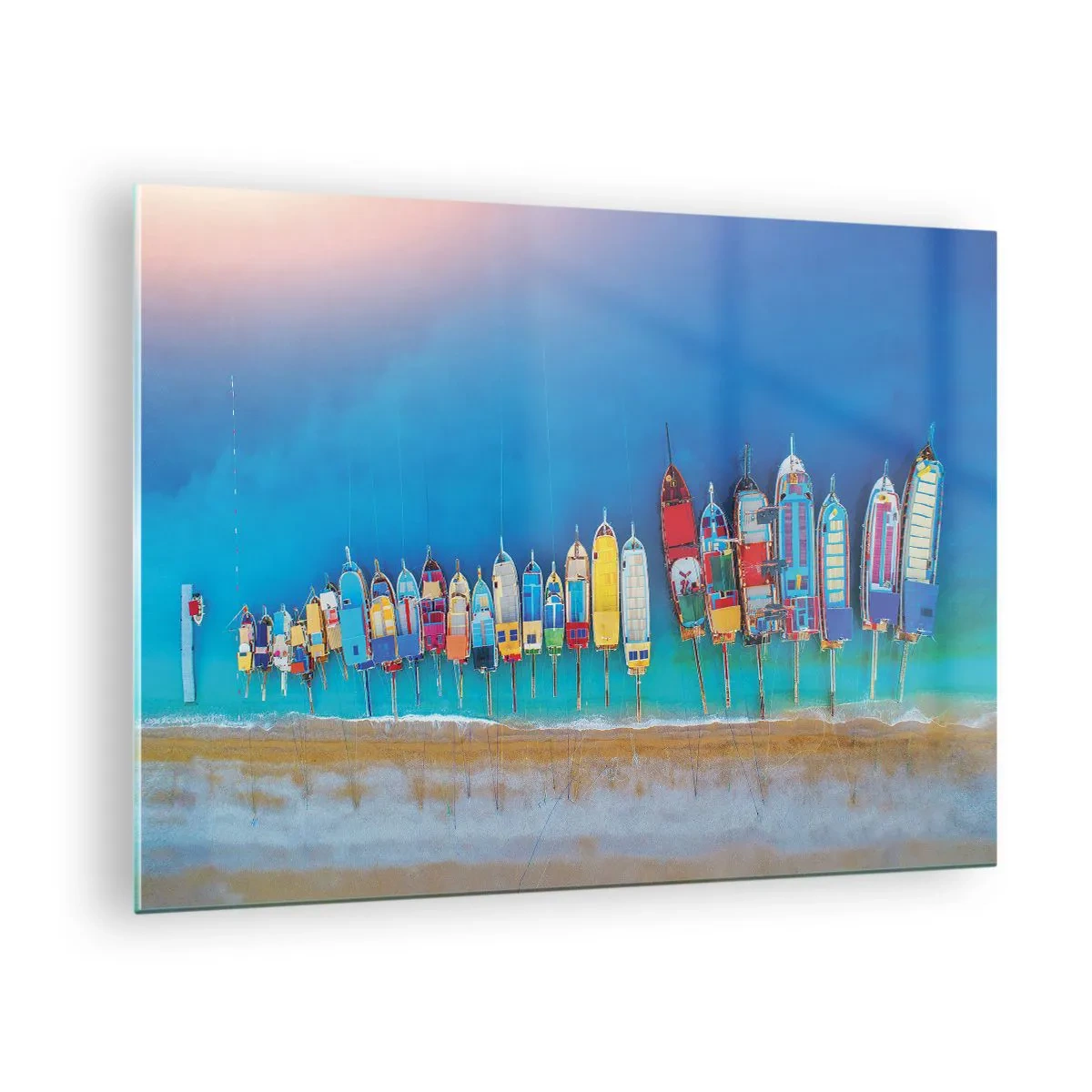 Glasbild - Bild auf glas - Bunte Boote am Ufer des türkisfarbenen Meeres - 70x50cm - Aus der Vogelperspektive - Moderne Wanddekoration für Wohnzimmer und Schlafzimmer ARTTOR