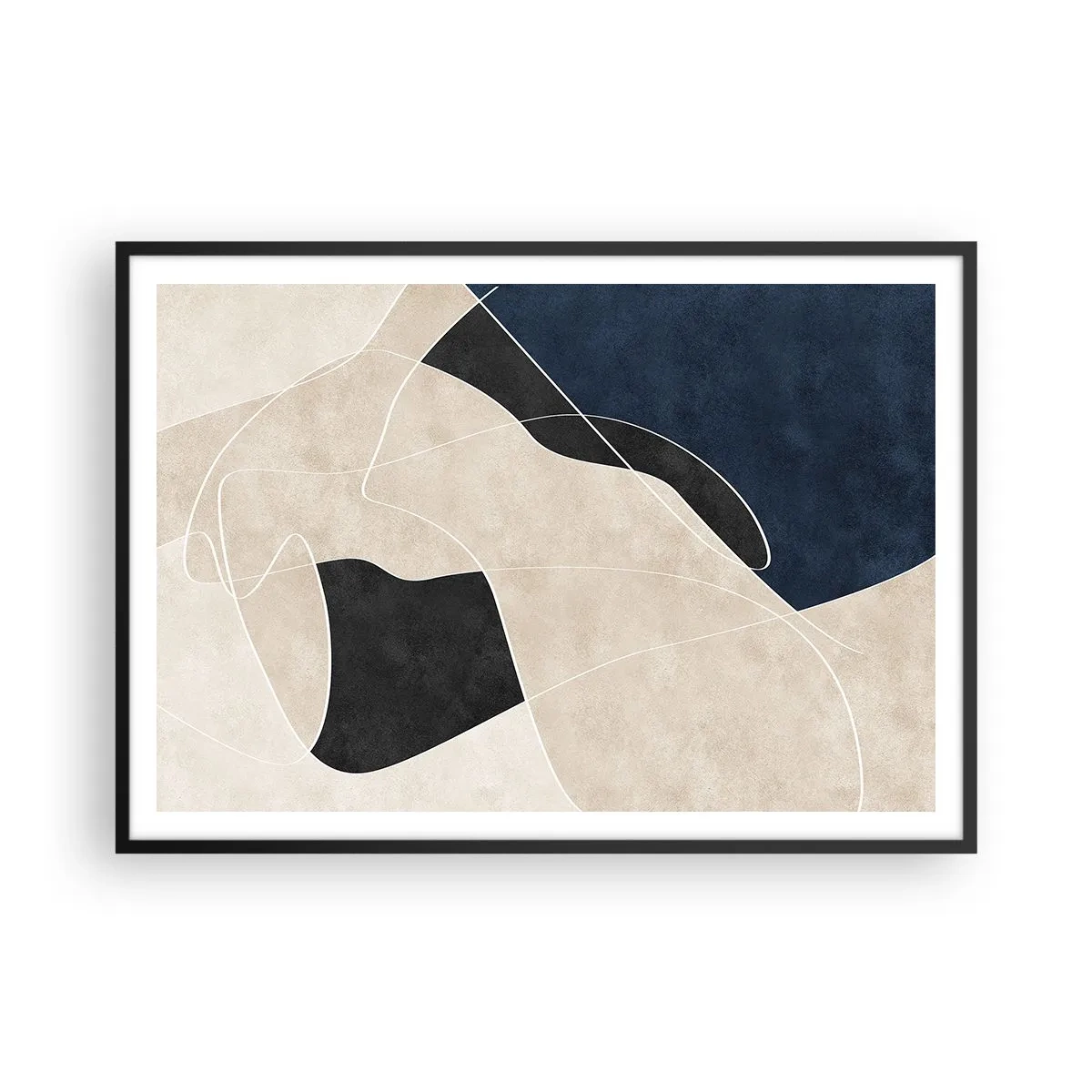 Poster in einem schwarzem Rahmen - Geometrische Abstraktion in Beige- und Marineblautönen - 100x70cm - Abstrakte Komposition – Farbkontrast - Moderne Wanddekoration für Wohnzimmer und Schlafzimmer ARTTOR