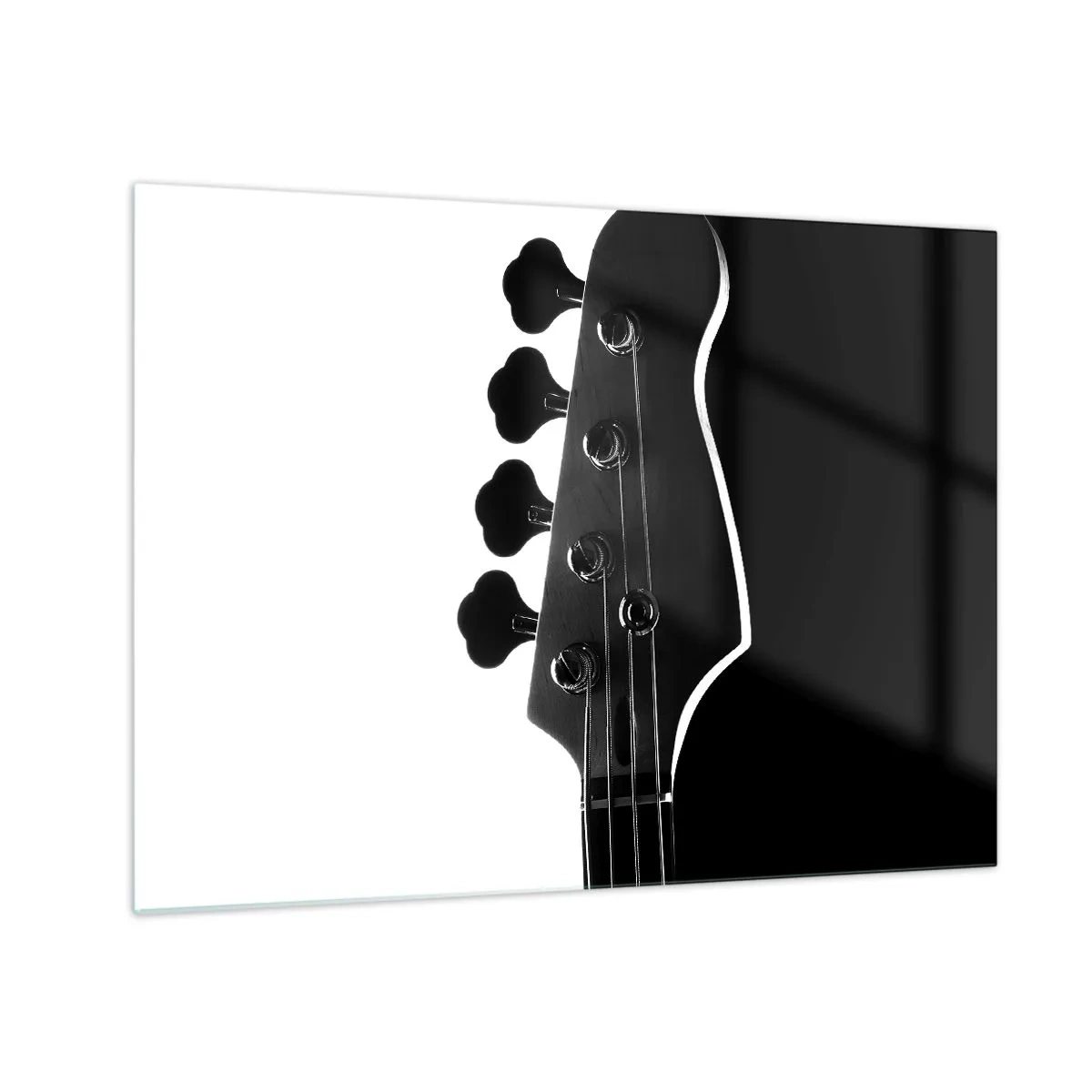 Glasbild - Bild auf glas - Schwarz-weiße Bassgitarren-Kopfplatte mit Schatten - 70x50cm - Rockige Stille - Moderne Wanddekoration für Wohnzimmer und Schlafzimmer ARTTOR