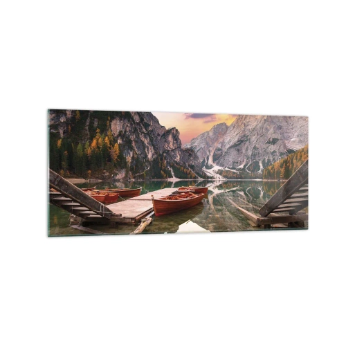 Glasbild - Bild auf glas - Bergsee mit Booten bei Sonnenuntergang - 120x50cm - Versprechen des Tages - Moderne Wanddekoration für Wohnzimmer und Schlafzimmer ARTTOR