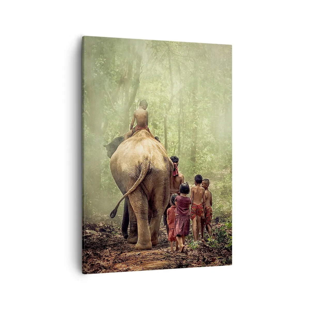 Bild auf Leinwand - Leinwandbild - Kinder mit einem Elefanten in einem grünen Wald im Morgenlicht - 50x70cm - Neues Dschungelbuch - Moderne Wanddekoration für Wohnzimmer und Schlafzimmer ARTTOR