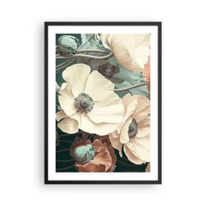 Poster in einem schwarzem Rahmen - Zarte Blüten in Pastelltönen auf dunklem Untergrund - 50x70cm - Flüstern von Mohnblumen - Moderne Wanddekoration für Wohnzimmer und Schlafzimmer ARTTOR