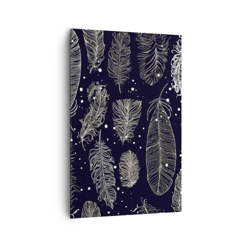 Bild auf Leinwand - Leinwandbild - Zarte weiße Federn auf marineblauem Hintergrund - 80x120cm - Gefiederte Spitze - Moderne Wanddekoration für Wohnzimmer und Schlafzimmer ARTTOR