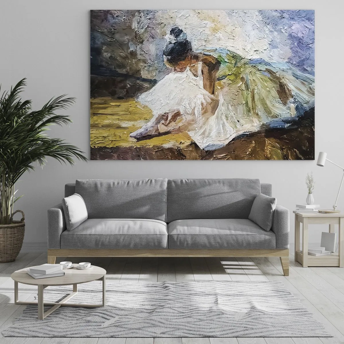 Glasbild - Bild auf glas - Eine nach vorne gebeugte Ballerina in einem weißen Kleid, das mit einer Öltextur bemalt ist - 70x50cm - Aus einem Gemälde von Degas - Moderne Wanddekoration für Wohnzimmer und Schlafzimmer ARTTOR
