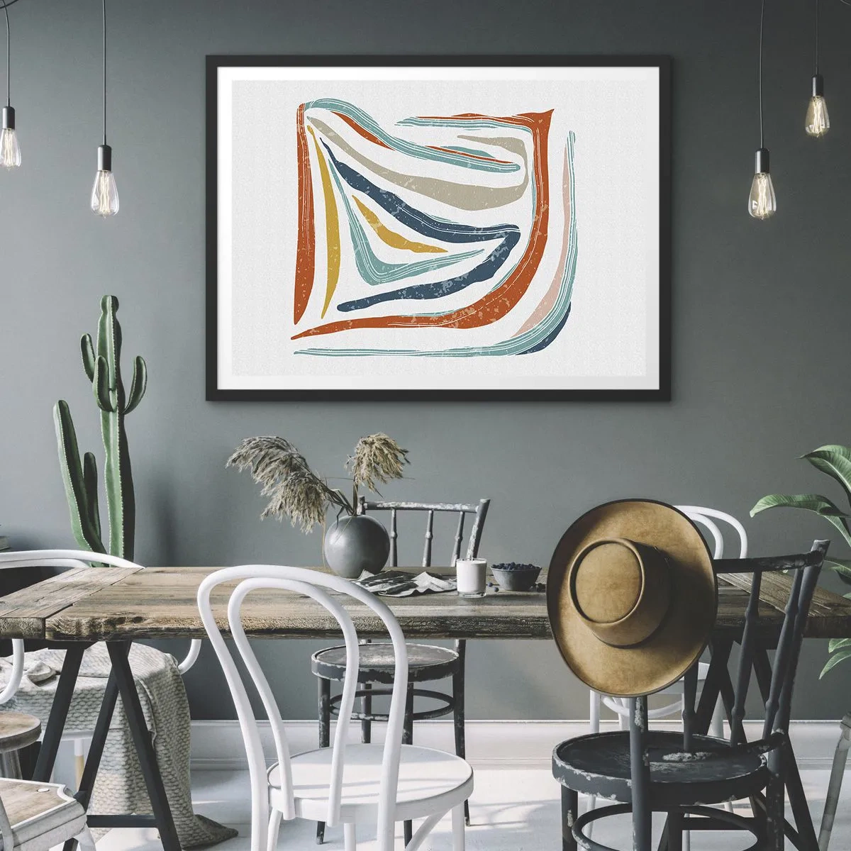 Poster in einem schwarzem Rahmen - Bunte, dynamische Linien in Blau-, Orange- und Beigetönen - 70x50cm - Abstraktion mit einem freundlichen Lächeln - Moderne Wanddekoration für Wohnzimmer und Schlafzimmer ARTTOR