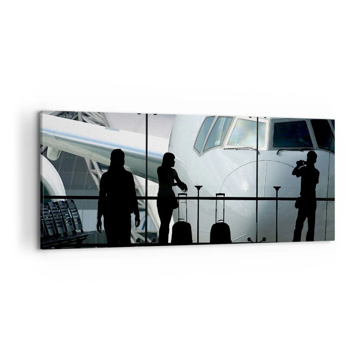 Bild auf Leinwand - Leinwandbild - Flughafen mit Silhouetten von Menschen und Blick auf das Flugzeug - 120x50cm - Vis a vis am Flughafen - Moderne Wanddekoration für Wohnzimmer und Schlafzimmer ARTTOR