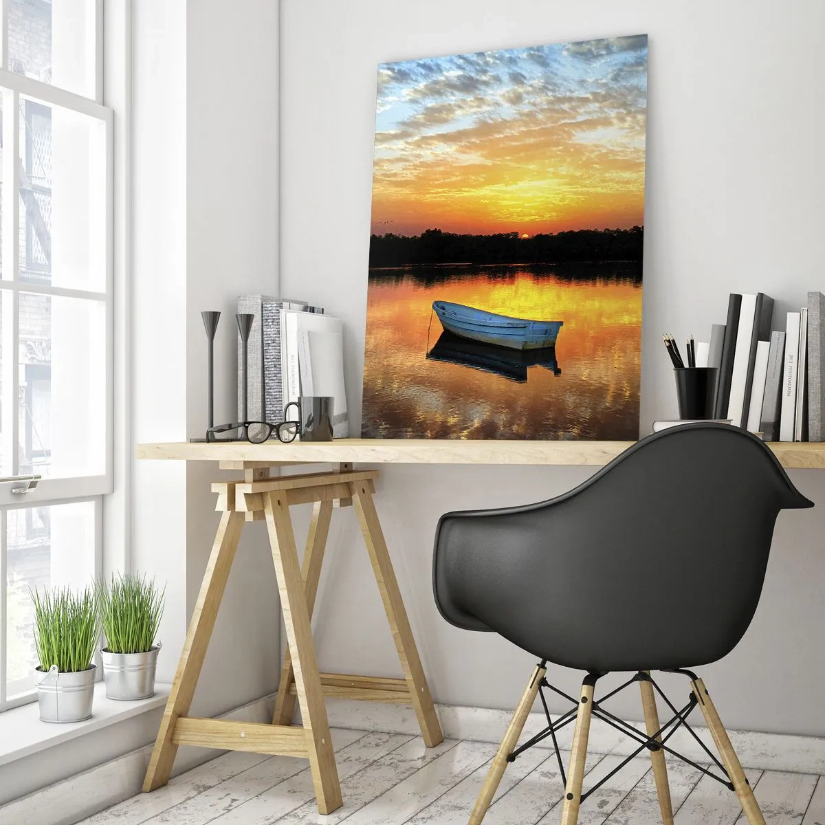 Glasbild - Bild auf glas - Ein Boot auf einem ruhigen See bei Sonnenuntergang - 80x120cm - Schauen, hören, meditieren - Moderne Wanddekoration für Wohnzimmer und Schlafzimmer ARTTOR
