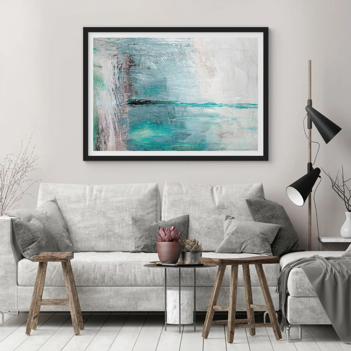 Poster in einem schwarzem Rahmen - Abstraktion in Türkis- und Grautönen - 70x50cm - Horizontal in Blau - Moderne Wanddekoration für Wohnzimmer und Schlafzimmer ARTTOR