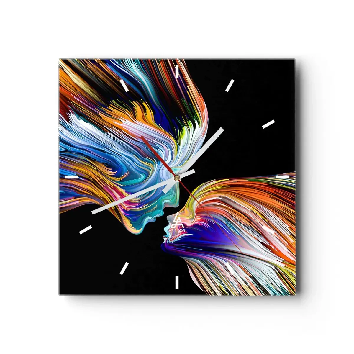 Wanduhr - Glasuhr - Bunte Silhouetten von Gesichtern in dynamischen Strömen auf schwarzem Hintergrund - 30x30cm - Eine Verschmelzung von Energie und Licht - Moderne Wanddekoration für Wohnzimmer und Schlafzimmer ARTTOR