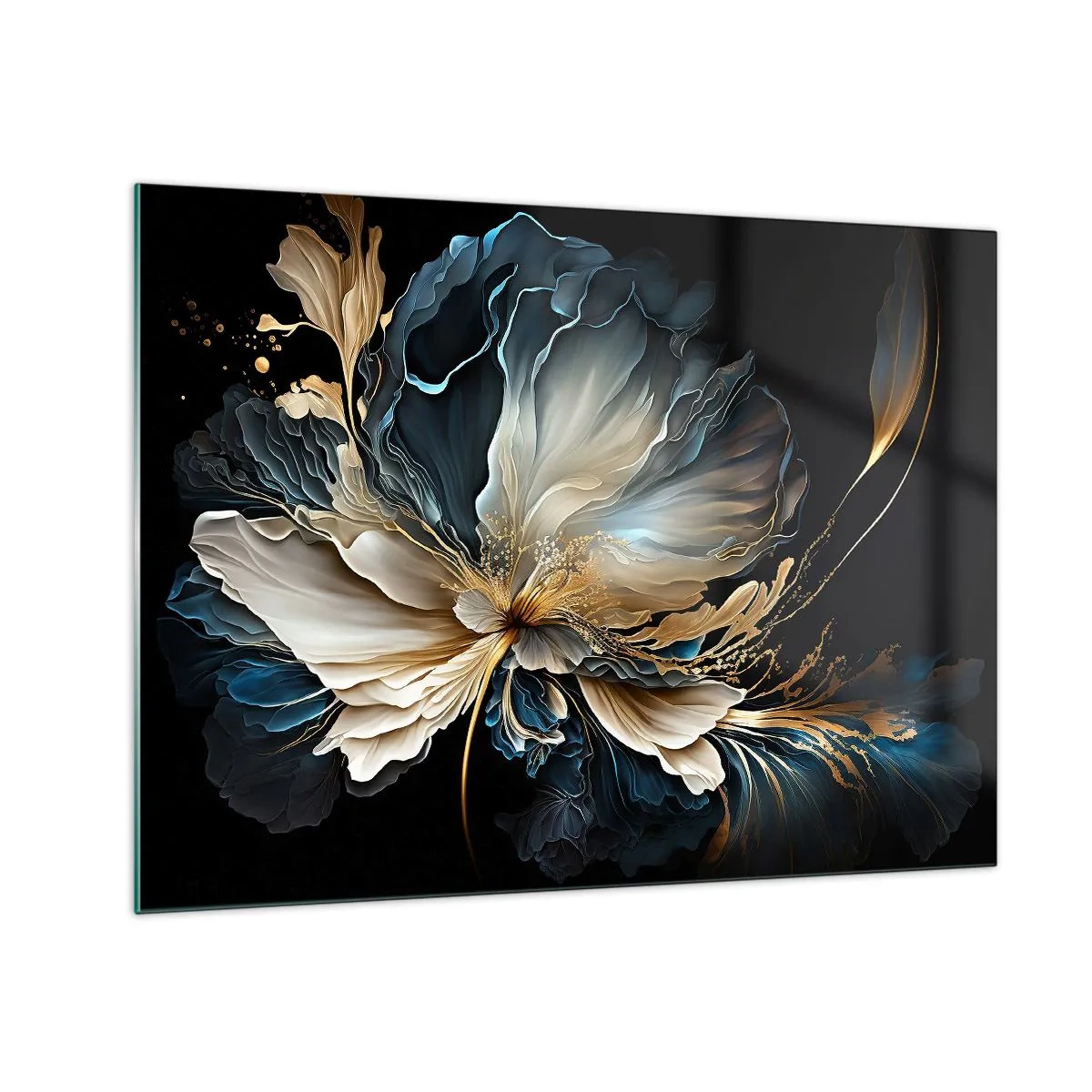 Glasbild - Bild auf glas - Eine ausgefallene Blume in Gold-, Marineblau- und Beigetönen auf Schwarz - 70x50cm - Märchenhafte Farnblume - Moderne Wanddekoration für Wohnzimmer und Schlafzimmer ARTTOR