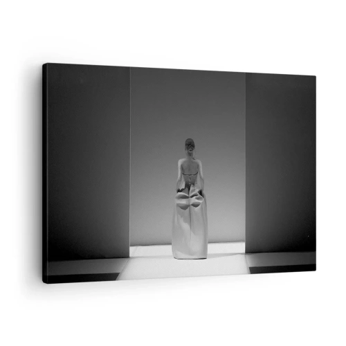 Bild auf Leinwand - Leinwandbild - Ein Schwarzweißgemälde mit einer minimalistischen Szene einer Frau in einem geometrischen Raum. - 70x50cm - Raffinierte Einfachheit - Moderne Wanddekoration für Wohnzimmer und Schlafzimmer ARTTOR