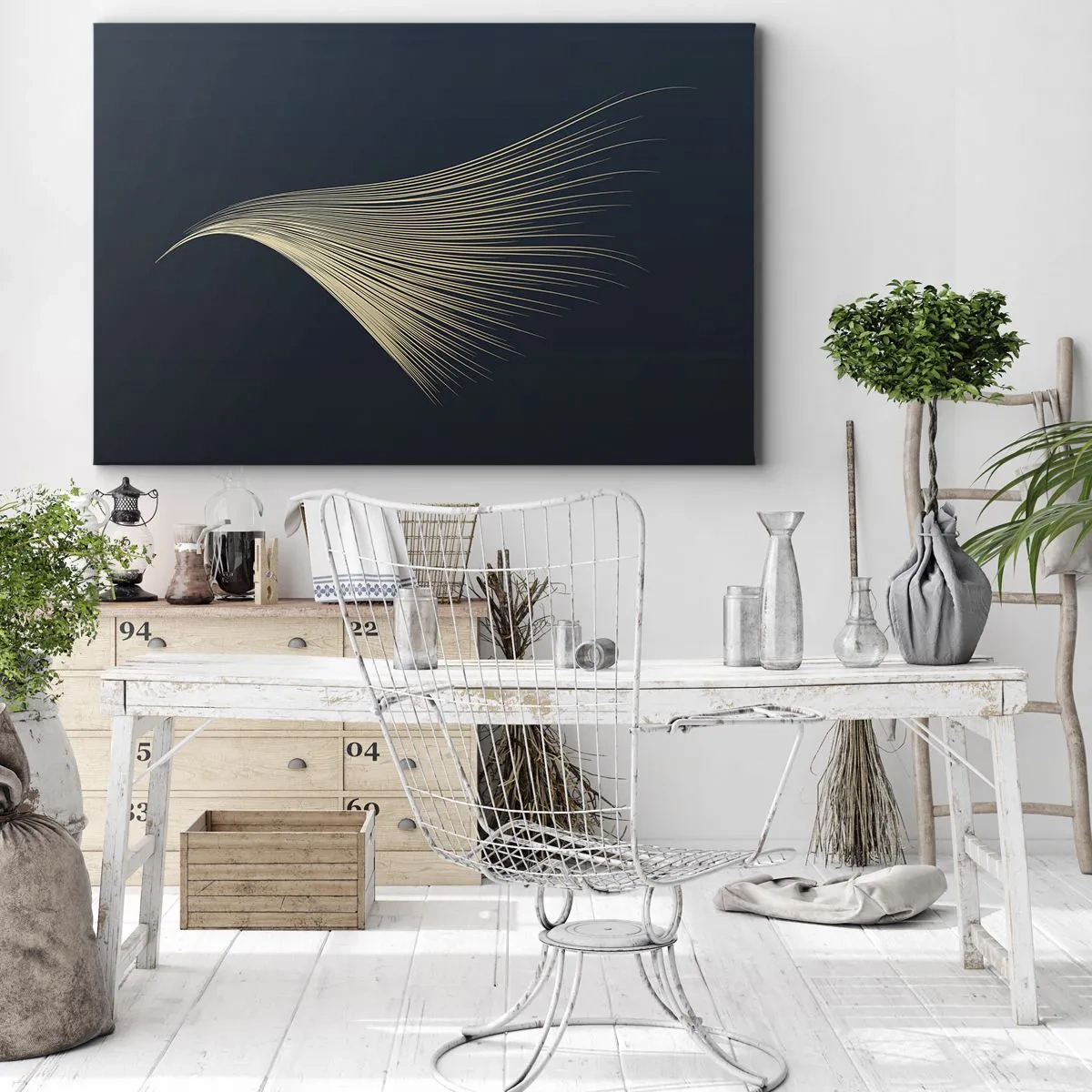 Bild auf Leinwand - Leinwandbild - Eine zarte federähnliche Linie auf marineblauem Hintergrund - 70x50cm - Wie das Haar eines Engels - Moderne Wanddekoration für Wohnzimmer und Schlafzimmer ARTTOR