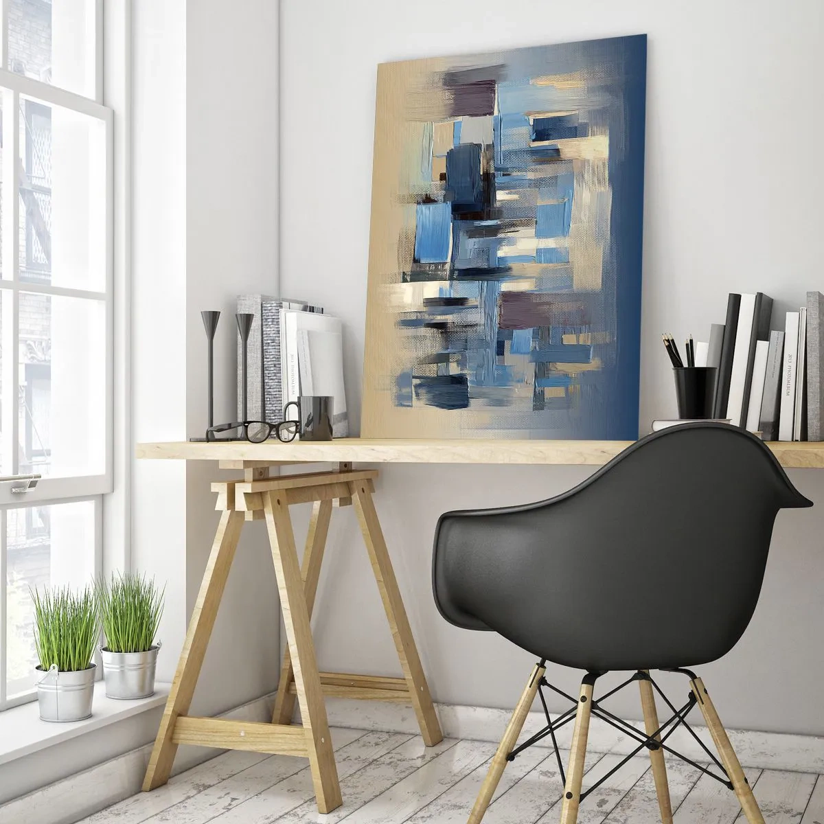 Glasbild - Bild auf glas - Geometrische Formen in Blau- und Beigetönen - 70x100cm - Blaue Konstruktion - Moderne Wanddekoration für Wohnzimmer und Schlafzimmer ARTTOR