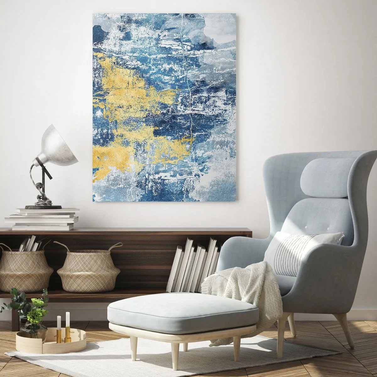 Glasbild - Bild auf glas - Abstraktion in Blau- und Gelbtönen - 70x100cm - Abstraktion voller Wetter - Moderne Wanddekoration für Wohnzimmer und Schlafzimmer ARTTOR