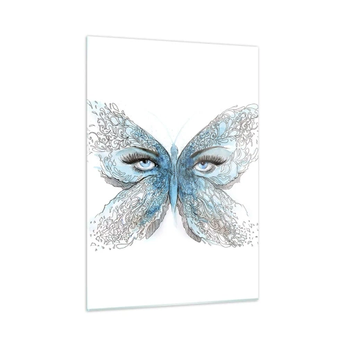 Glasbild - Bild auf glas - Ein Schmetterling mit blauen Flügeln und menschlichen Augen im künstlerischen Stil. - 50x70cm - Eros Blaumeise - Moderne Wanddekoration für Wohnzimmer und Schlafzimmer ARTTOR
