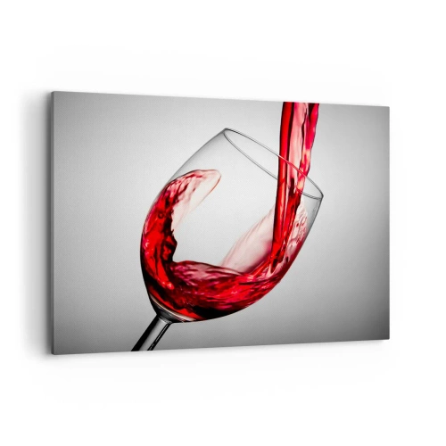 Bild auf Leinwand - Leinwandbild - Ein Glas Rotwein wird vor hellem Hintergrund eingeschenkt - 120x80cm - Farbe – Bewegung – Klang - Moderne Wanddekoration für Wohnzimmer und Schlafzimmer ARTTOR