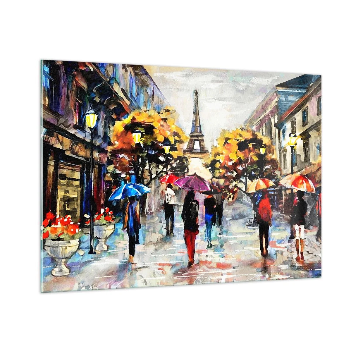 Glasbild - Bild auf glas - Der Eiffelturm im Hintergrund mit Menschen, die unter bunten Regenschirmen spazieren gehen - 100x70cm - Besonders schön im Herbst - Moderne Wanddekoration für Wohnzimmer und Schlafzimmer ARTTOR