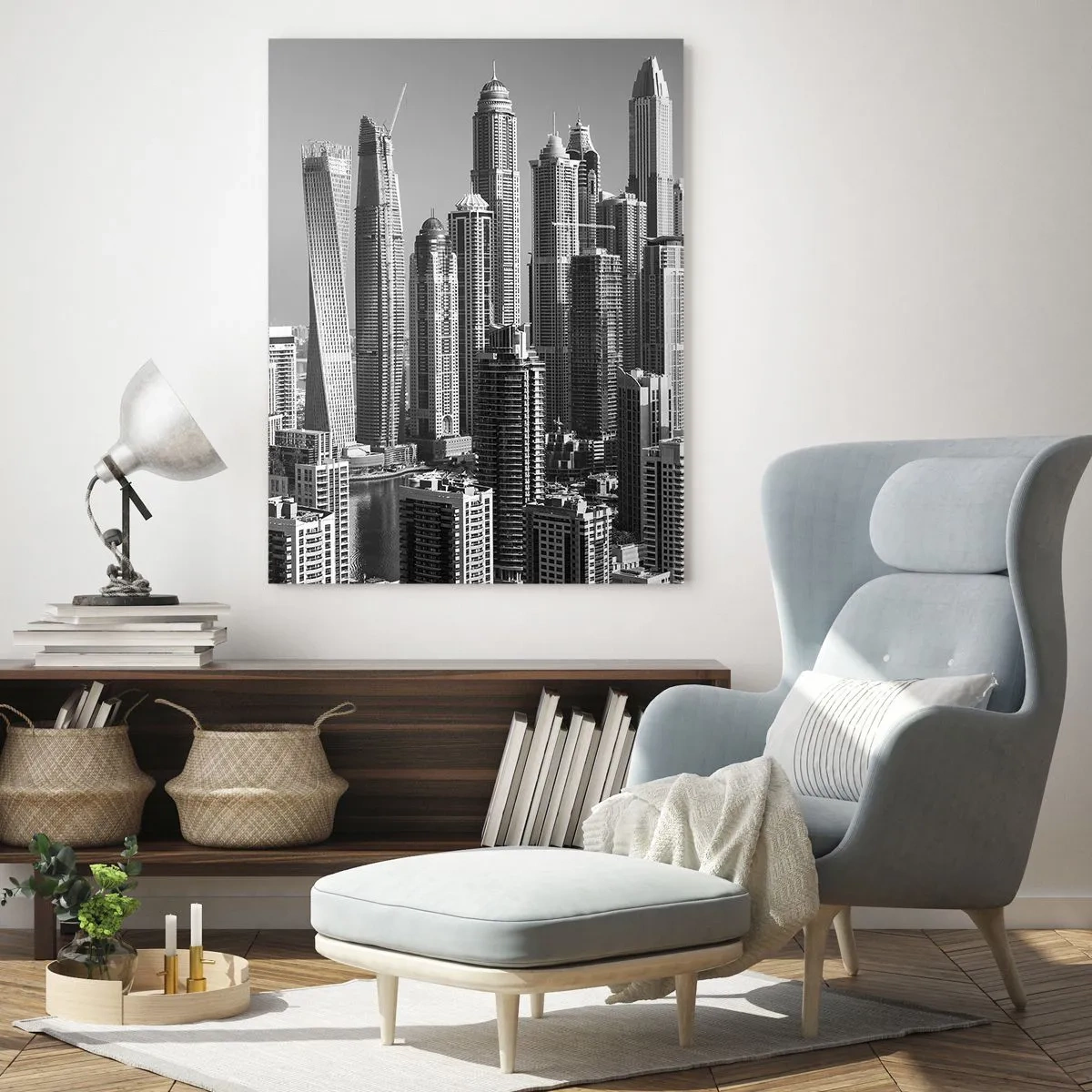 Glasbild - Bild auf glas - Panorama moderner Wolkenkratzer in monochromen Tönen - 70x100cm - Stadt in der Wüste - Moderne Wanddekoration für Wohnzimmer und Schlafzimmer ARTTOR