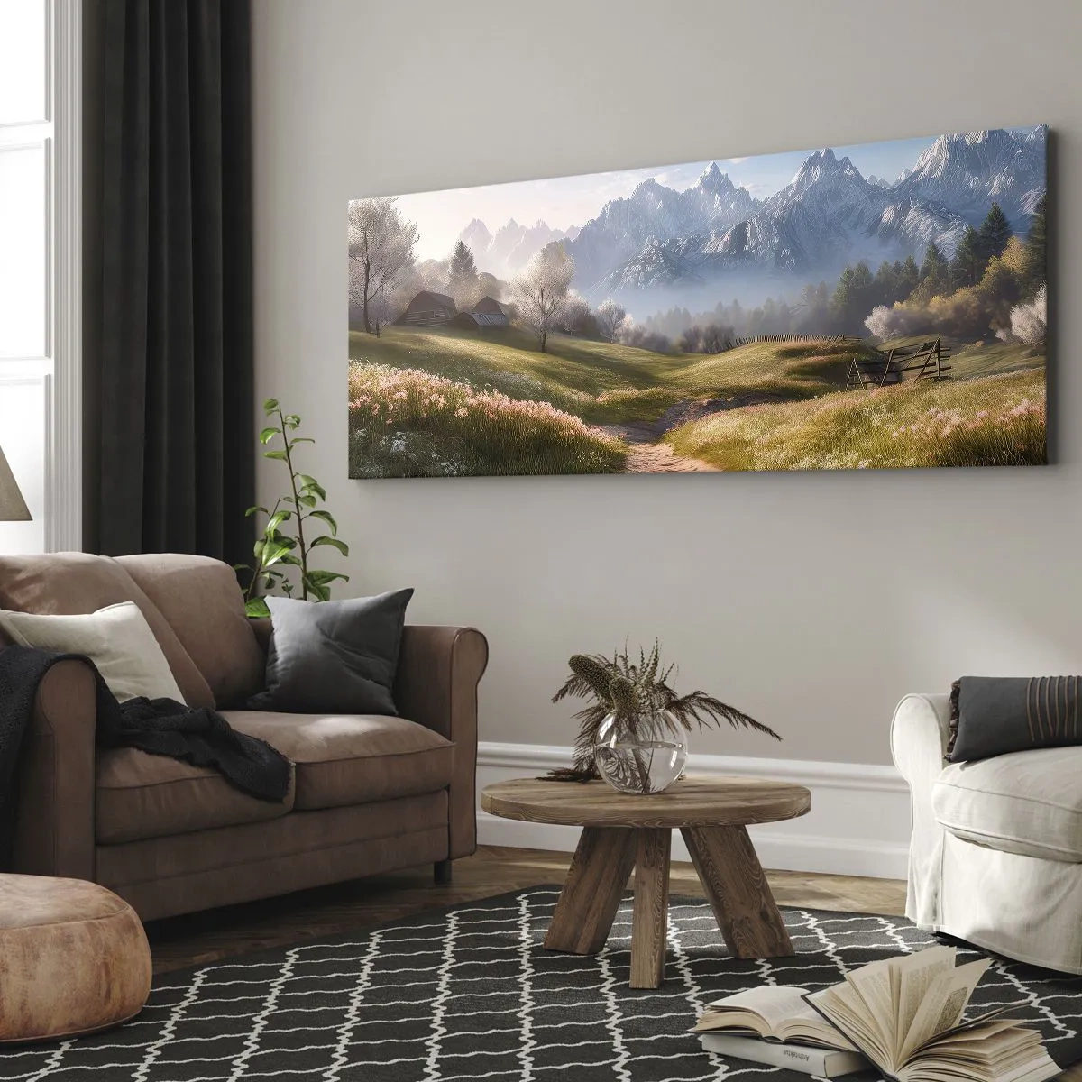 Bild auf Leinwand - Leinwandbild - Ein Bergtal mit Wiesen, Hütten und Blick auf die Gipfel - 120x50cm - Idyllisches Tal - Moderne Wanddekoration für Wohnzimmer und Schlafzimmer ARTTOR