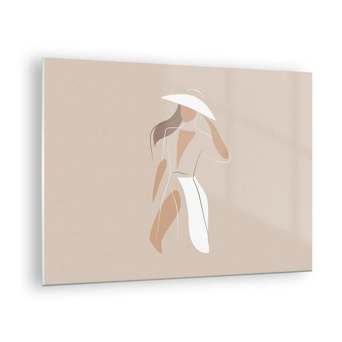 Glasbild - Bild auf glas - Stilisierte Figur einer Frau mit weißem Hut - 70x50cm - Mode macht Spaß - Moderne Wanddekoration für Wohnzimmer und Schlafzimmer ARTTOR