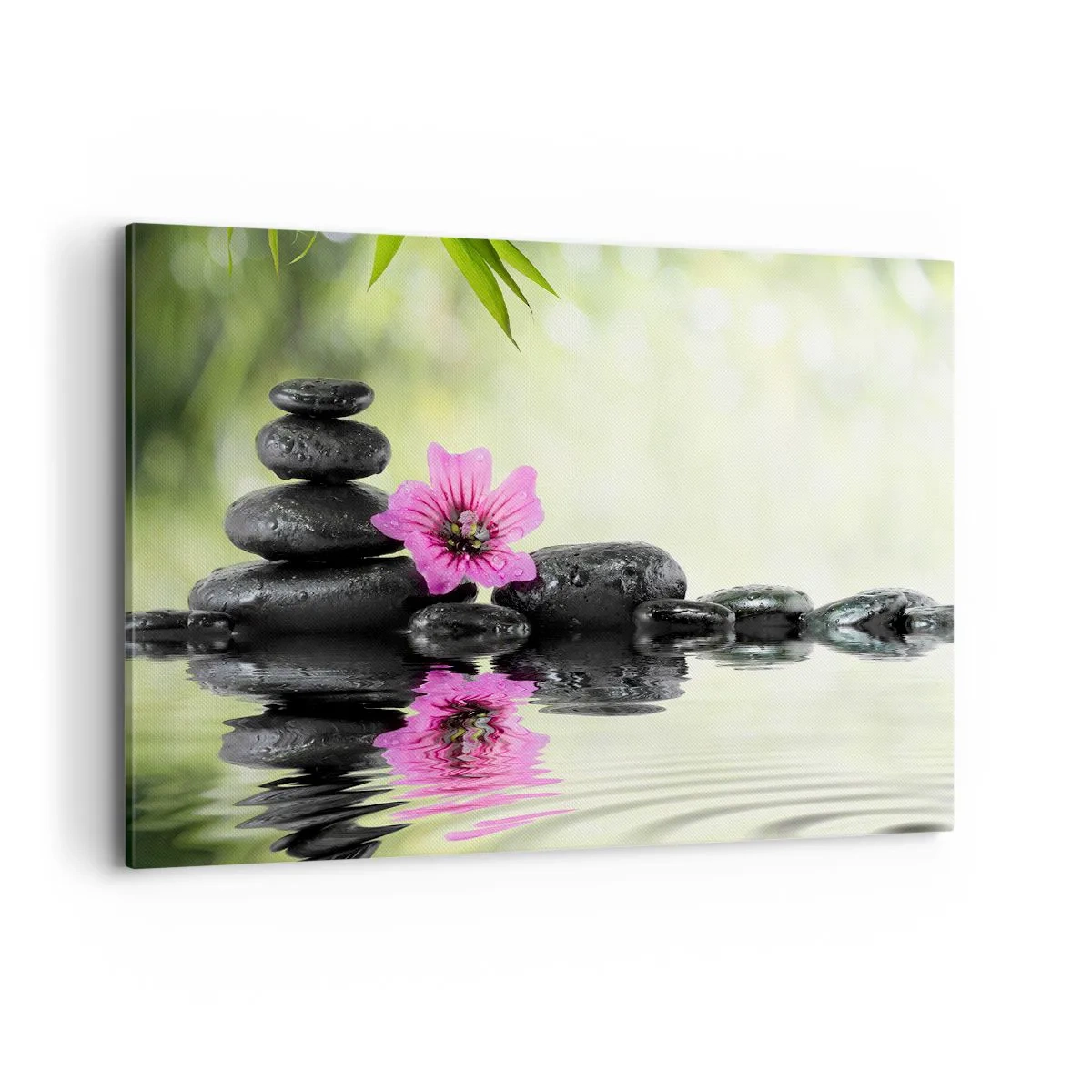 Bild auf Leinwand - Leinwandbild - Zen-Steine und eine rosa Blume spiegeln sich im Wasser - 120x80cm - Zeit für die Seele - Moderne Wanddekoration für Wohnzimmer und Schlafzimmer ARTTOR