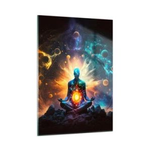 Glasbild - Bild auf glas - Eine meditierende Silhouette in einer kosmischen Farbexplosion - 50x70cm - Kosmischer Frieden - Moderne Wanddekoration für Wohnzimmer und Schlafzimmer ARTTOR