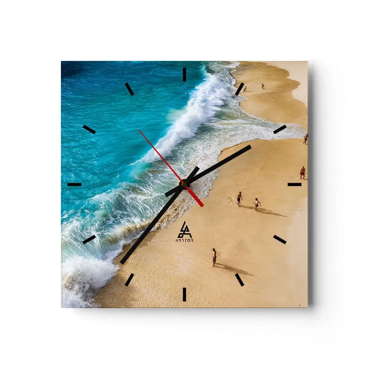 Wanduhr - Glasuhr - Ein Strand mit türkisfarbenem Wasser und herumlaufenden Menschen - 30x30cm - Und dann die Sonne, der Strand… - Moderne Wanddekoration für Wohnzimmer und Schlafzimmer ARTTOR