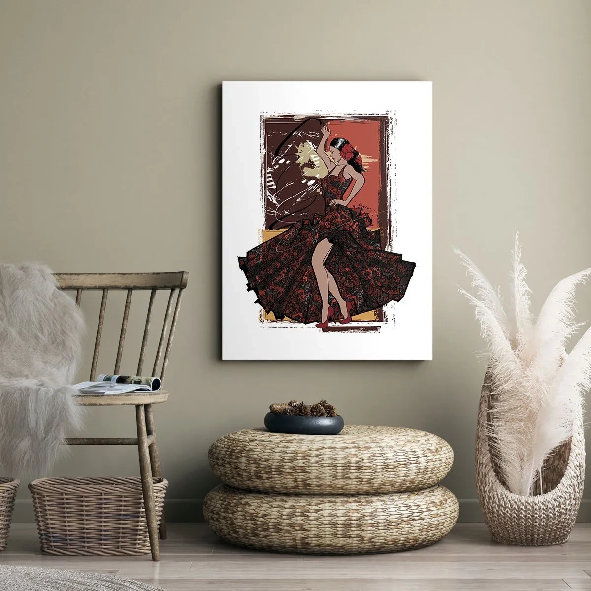 Bild auf Leinwand - Leinwandbild - Eine Tänzerin in einem rot-schwarzen Kleid vor einem künstlerischen Hintergrund - 50x70cm - Im Rhythmus des Herzens - Moderne Wanddekoration für Wohnzimmer und Schlafzimmer ARTTOR